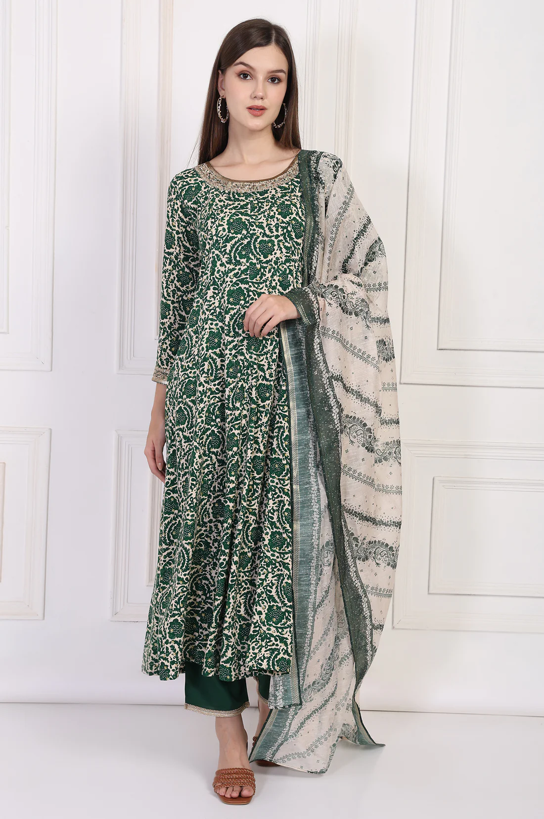 Green Ethnic Motifs Printed Embellished Anarkali Kurta